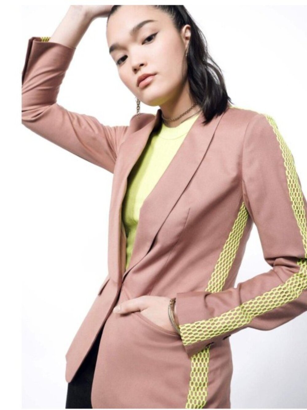 Wildfang The Empower Colorblock Tux Blazer Rose Brown Neon Green Mesh NWT Size S